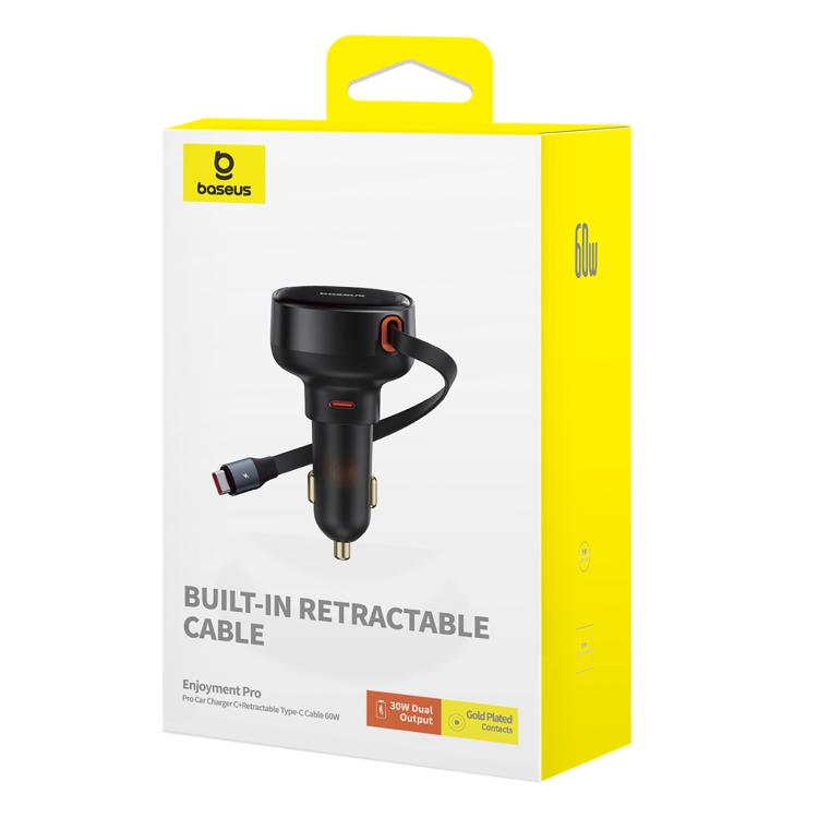 Baseus Enjoyment Pro 60W Type-C Car Charger with Type-C Retractable Cable - Black