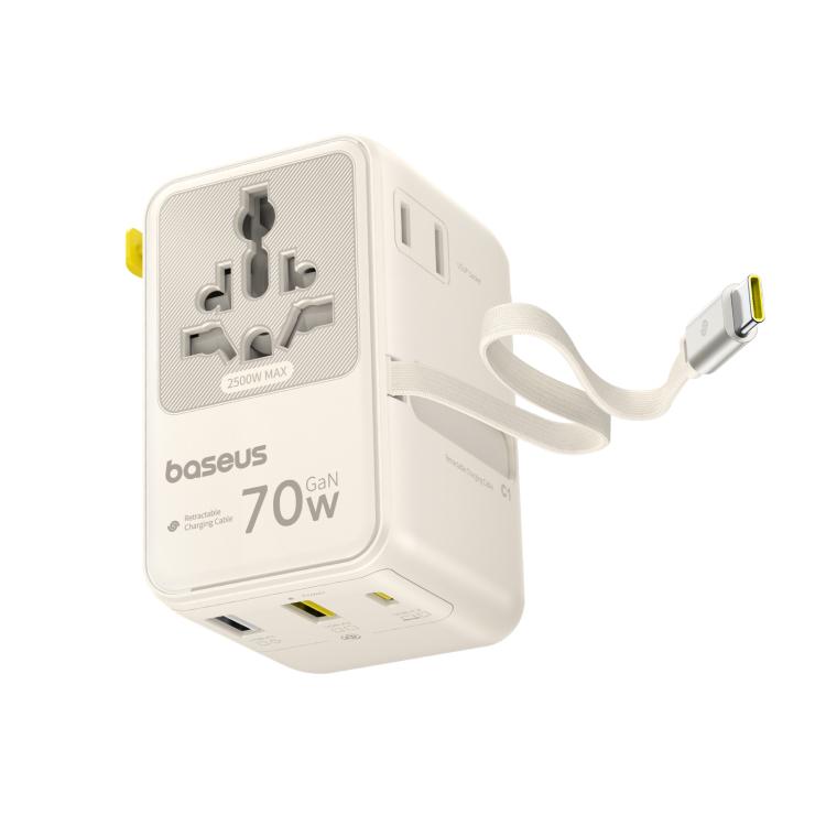 Baseus EnerCore CG11 70W Converter Travel Universal Adapter with Type-C Retractable Cable - Beige