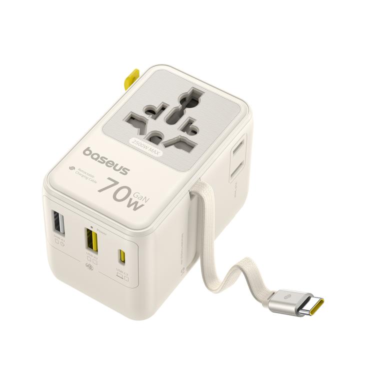 Baseus EnerCore CG11 70W Converter Travel Universal Adapter with Type-C Retractable Cable - Beige