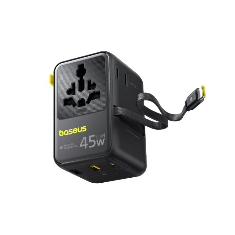 Baseus PicoGo AG11 45W Converter Travel Universal Adapter with Type-C Retractable Cable - Black