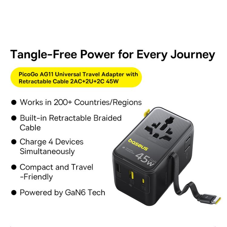 Baseus PicoGo AG11 45W Converter Travel Universal Adapter with Type-C Retractable Cable - Black