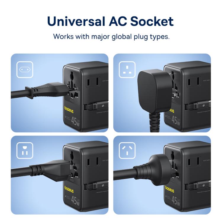Baseus PicoGo AG11 45W Converter Travel Universal Adapter with Type-C Retractable Cable - Black