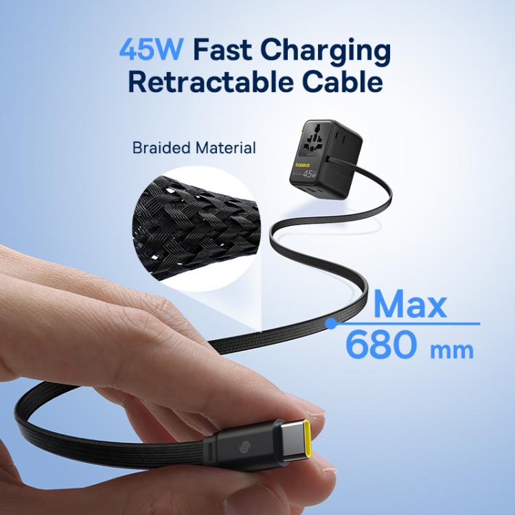 Baseus PicoGo AG11 45W Converter Travel Universal Adapter with Type-C Retractable Cable - Black