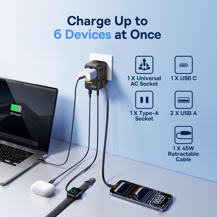 Baseus PicoGo AG11 45W Converter Travel Universal Adapter with Type-C Retractable Cable - Black