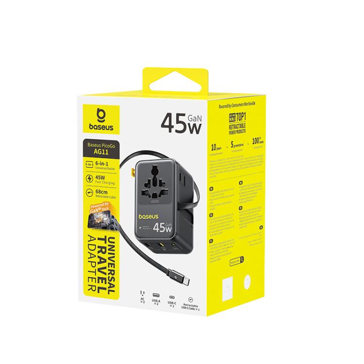 Baseus PicoGo AG11 45W Converter Travel Universal Adapter with Type-C Retractable Cable - Black