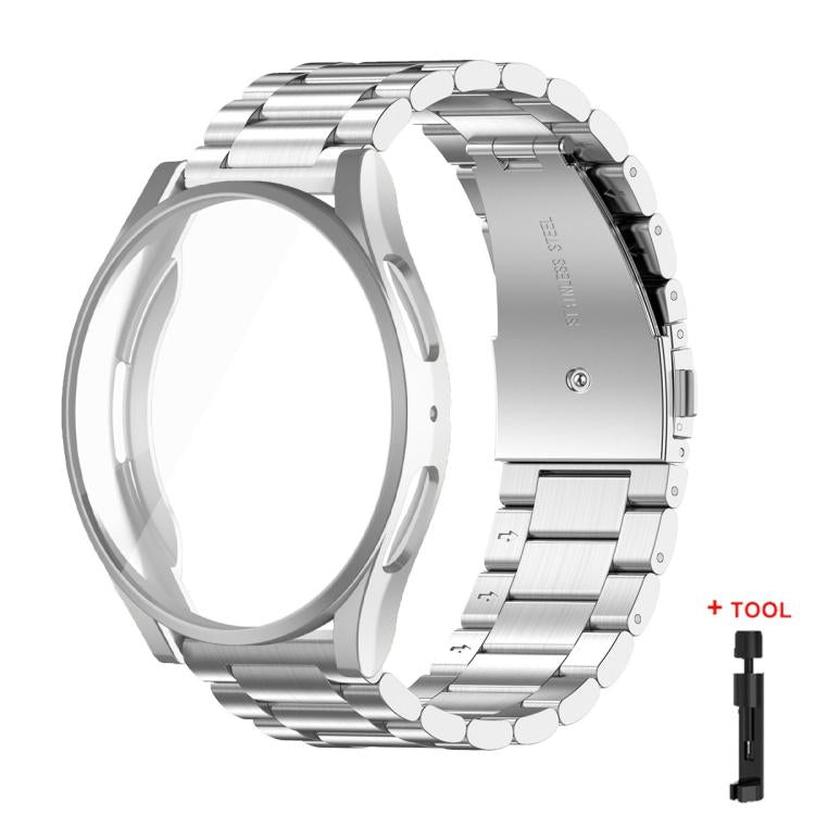 For Samsung Galaxy Watch6 44mm Tri-Beads Stainless Steel Watch Band with Full Coverage TPU Case and Strap Link Remover Set