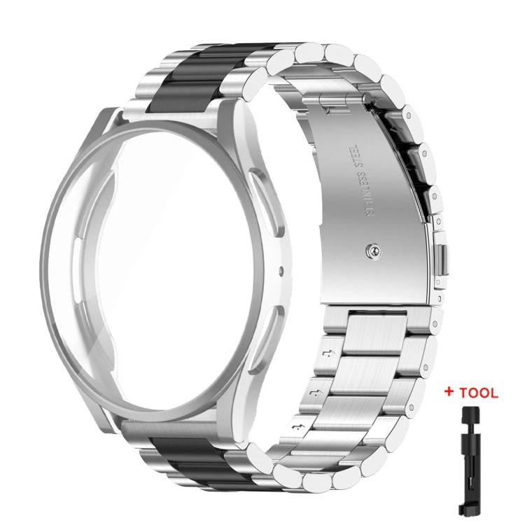 For Samsung Galaxy Watch4 44mm Tri-Beads Stainless Steel Watch Band with Full Coverage TPU Case and Strap Link Remover Set