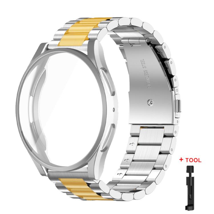 For Samsung Galaxy Watch4 44mm Tri-Beads Stainless Steel Watch Band with Full Coverage TPU Case and Strap Link Remover Set
