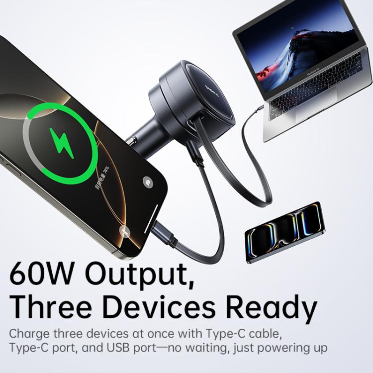 Baseus PrimeTrip VR1 60W Type-C and USB Car Charger with Type-C Retractable Cable - Black