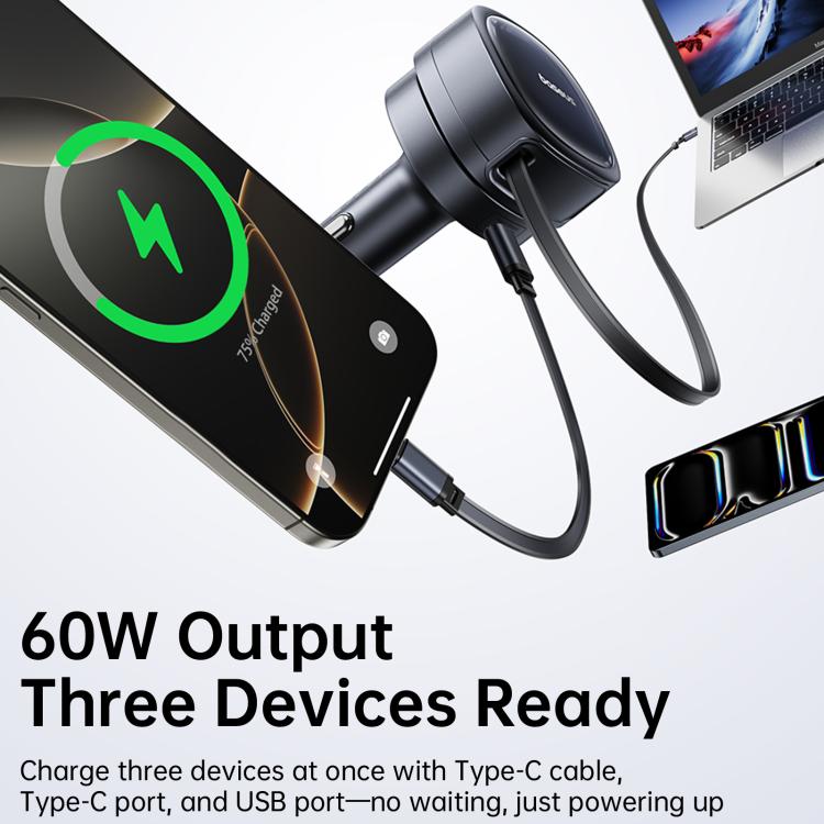 Baseus PrimeTrip VR1 60W Type-C and USB Car Charger with Type-C Retractable Cable - Black