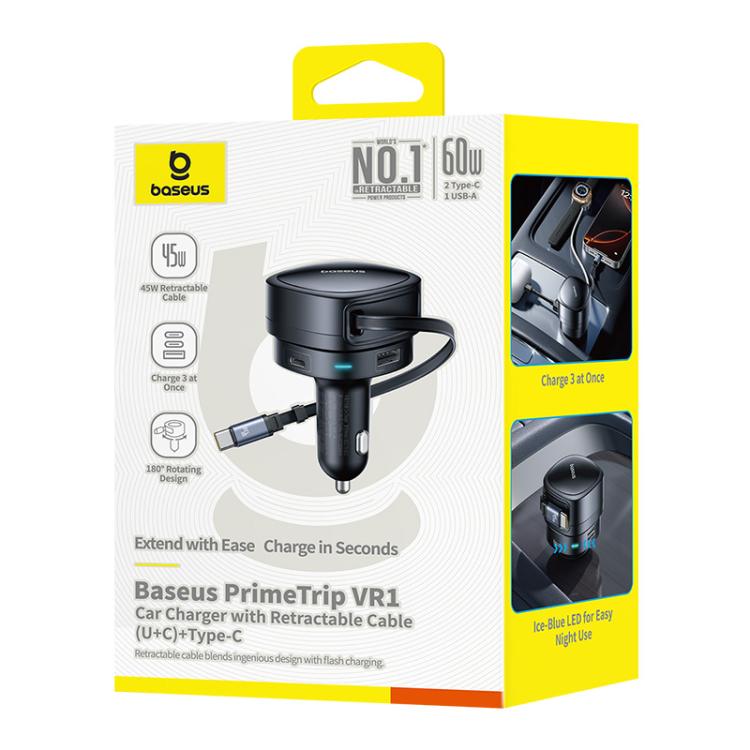 Baseus PrimeTrip VR1 60W Type-C and USB Car Charger with Type-C Retractable Cable - Black