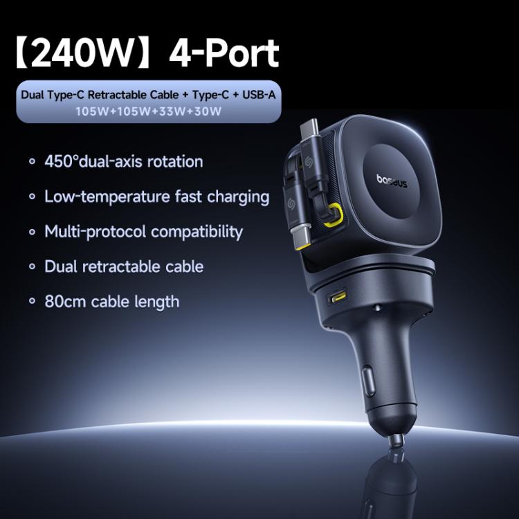 Baseus PrimeTrip VR2 Max 240W Type-C and USB Car Charger with Type-C x 2 Retractable Cable - Black