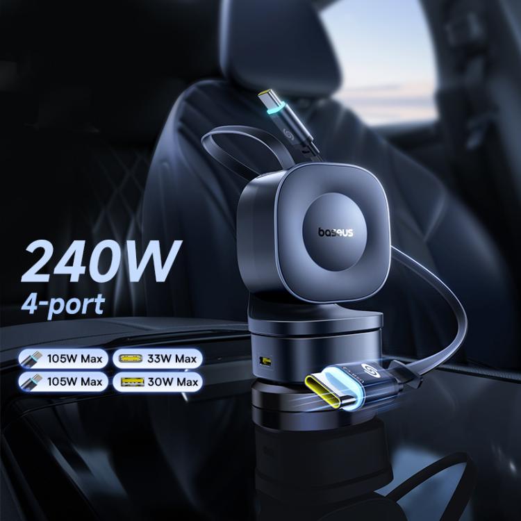 Baseus PrimeTrip VR2 Max 240W Type-C and USB Car Charger with Type-C x 2 Retractable Cable - Black
