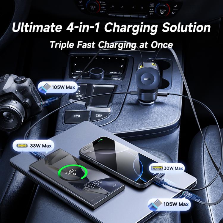 Baseus PrimeTrip VR2 Max 240W Type-C and USB Car Charger with Type-C x 2 Retractable Cable - Black