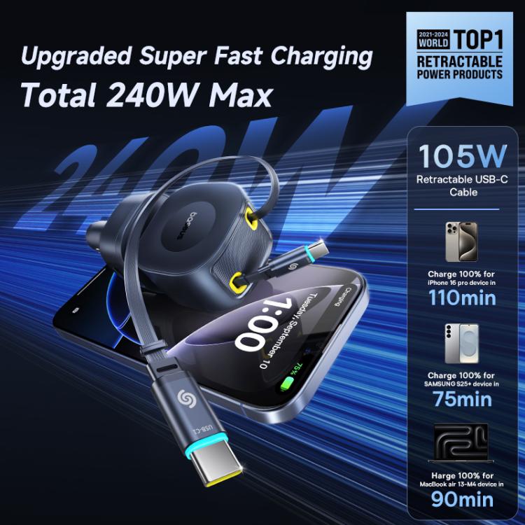 Baseus PrimeTrip VR2 Max 240W Type-C and USB Car Charger with Type-C x 2 Retractable Cable - Black
