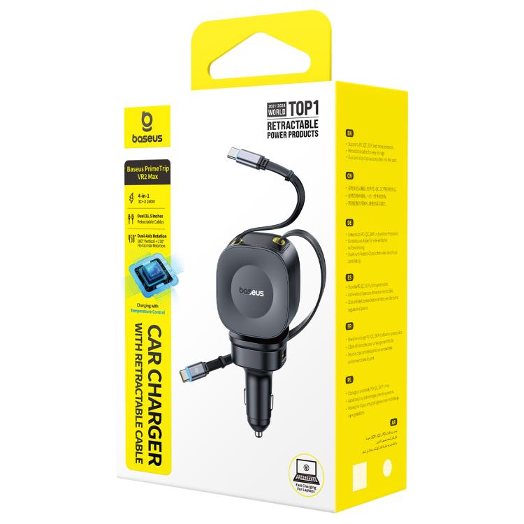 Baseus PrimeTrip VR2 Max 240W Type-C and USB Car Charger with Type-C x 2 Retractable Cable - Black