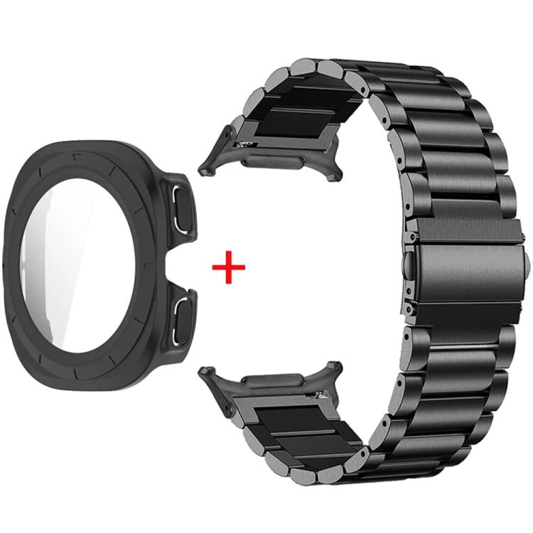 For Samsung Galaxy Watch Ultra / Ultra 2025 Three Beads Stainless Steel Watch Band with Film Integrated PC Case Set