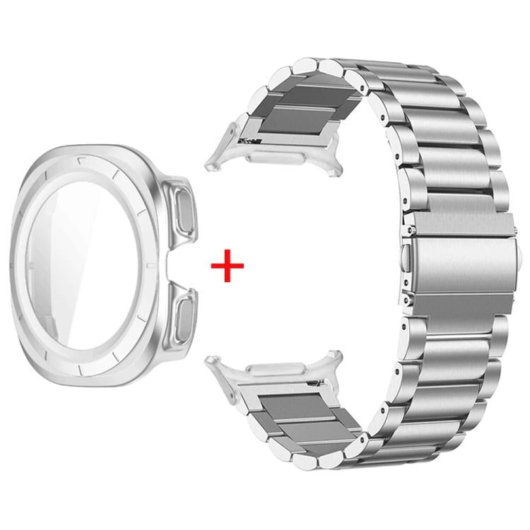For Samsung Galaxy Watch Ultra / Ultra 2025 Three Beads Stainless Steel Watch Band with Film Integrated PC Case Set