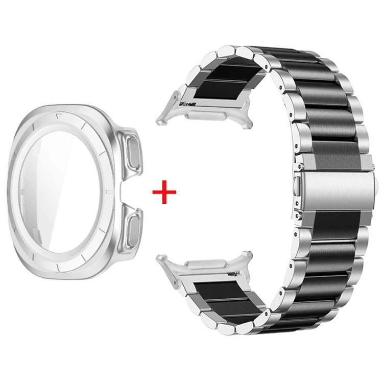 For Samsung Galaxy Watch Ultra / Ultra 2025 Three Beads Stainless Steel Watch Band with Film Integrated PC Case Set