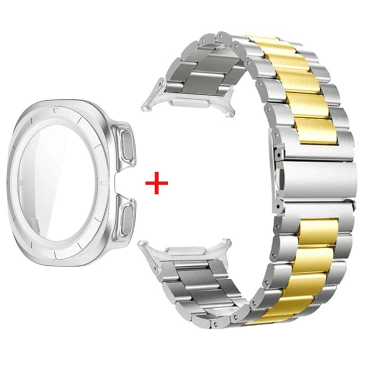 For Samsung Galaxy Watch Ultra / Ultra 2025 Three Beads Stainless Steel Watch Band with Film Integrated PC Case Set