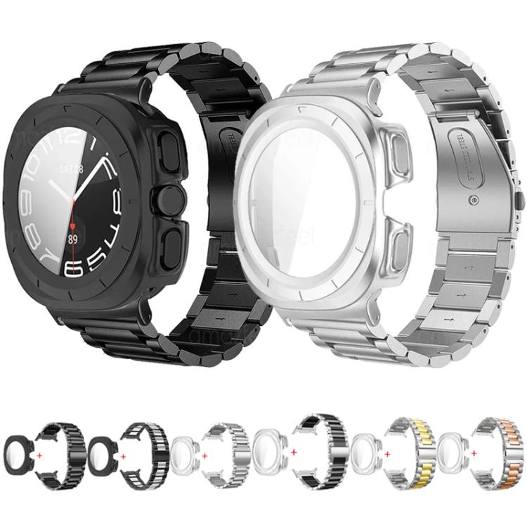 For Samsung Galaxy Watch Ultra / Ultra 2025 Three Beads Stainless Steel Watch Band with Film Integrated PC Case Set