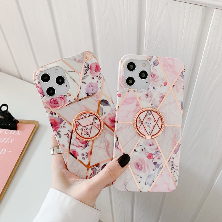 Electroplating Stitching Pattern Soft TPU Protective Case with Rose Gold Stand Ring Holder For iPhone 11