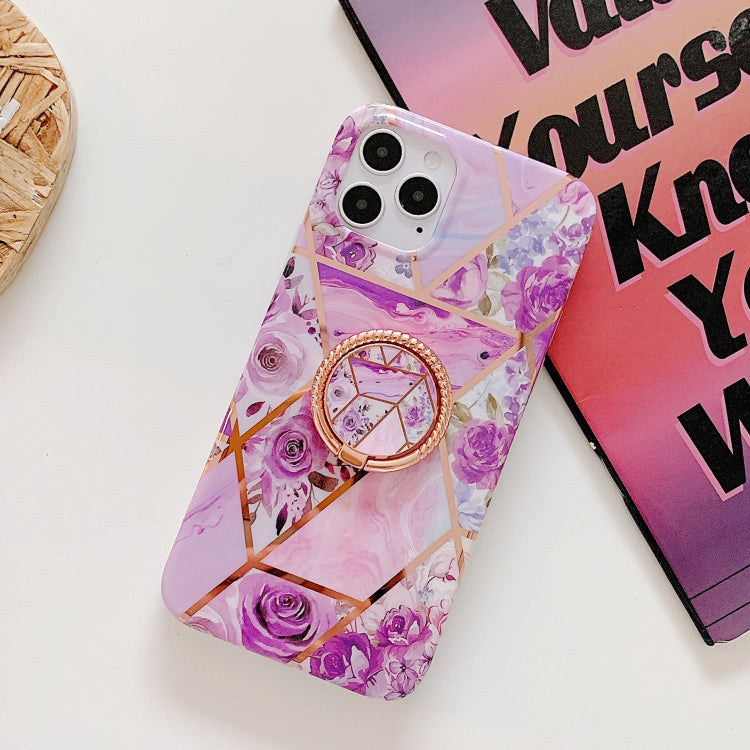 Electroplating Stitching Pattern Soft TPU Protective Case with Rose Gold Stand Ring Holder For iPhone 11 Pro