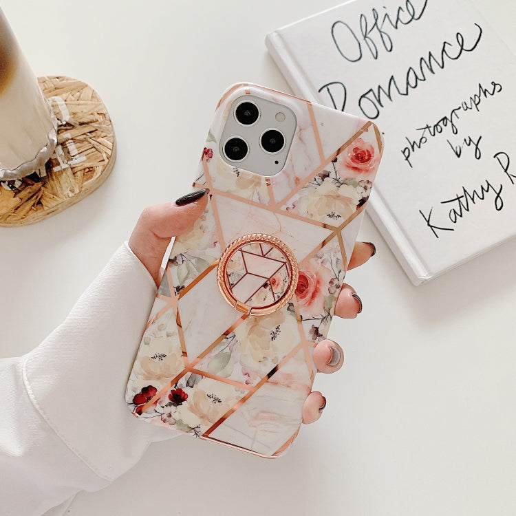Electroplating Stitching Pattern Soft TPU Protective Case with Rose Gold Stand Ring Holder For iPhone 11 Pro