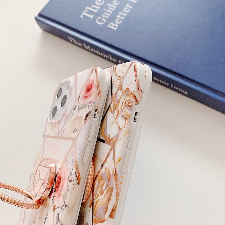 Electroplating Stitching Pattern Soft TPU Protective Case with Rose Gold Stand Ring Holder For iPhone 11 Pro