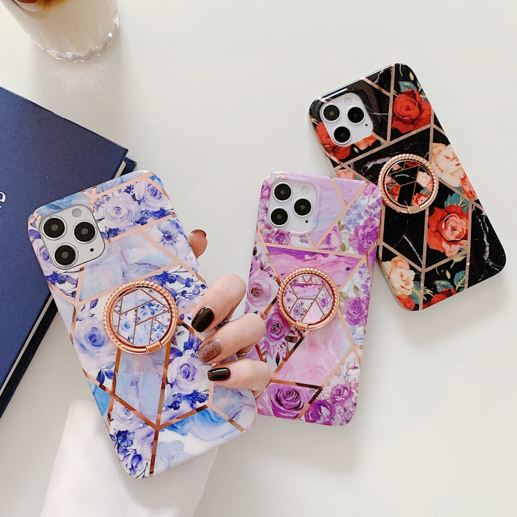 Electroplating Stitching Pattern Soft TPU Protective Case with Rose Gold Stand Ring Holder For iPhone 11 Pro