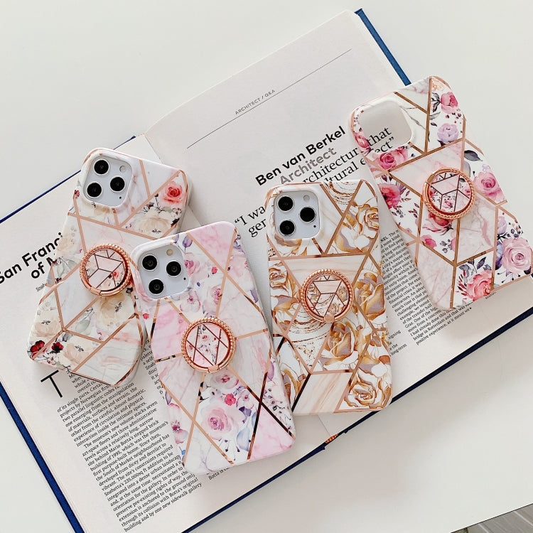 Electroplating Stitching Pattern Soft TPU Protective Case with Rose Gold Stand Ring Holder For iPhone 11 Pro
