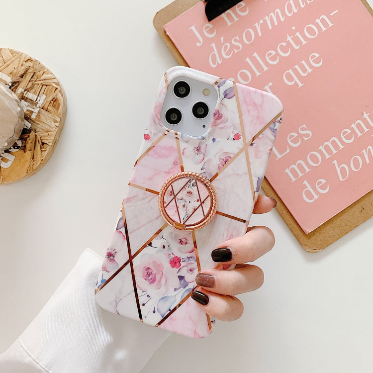 Electroplating Stitching Pattern Soft TPU Protective Case with Rose Gold Stand Ring Holder For iPhone 11 Pro Max
