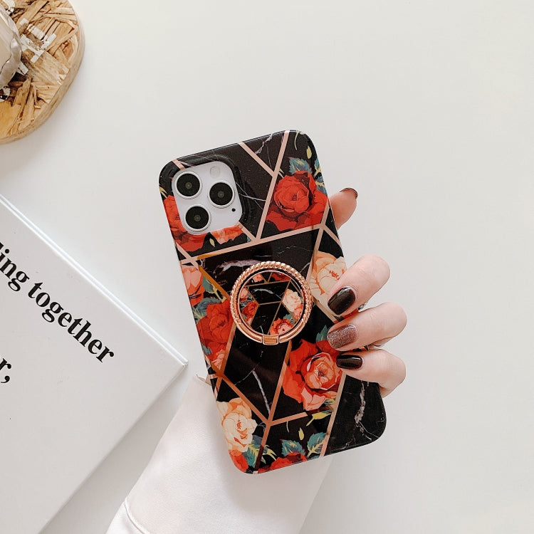 For iPhone 12 mini Electroplating Stitching Pattern Soft TPU Protective Case with Rose Gold Stand Ring Holder