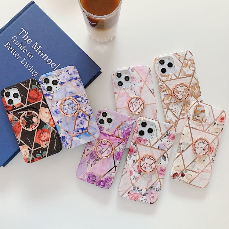 For iPhone 12 mini Electroplating Stitching Pattern Soft TPU Protective Case with Rose Gold Stand Ring Holder