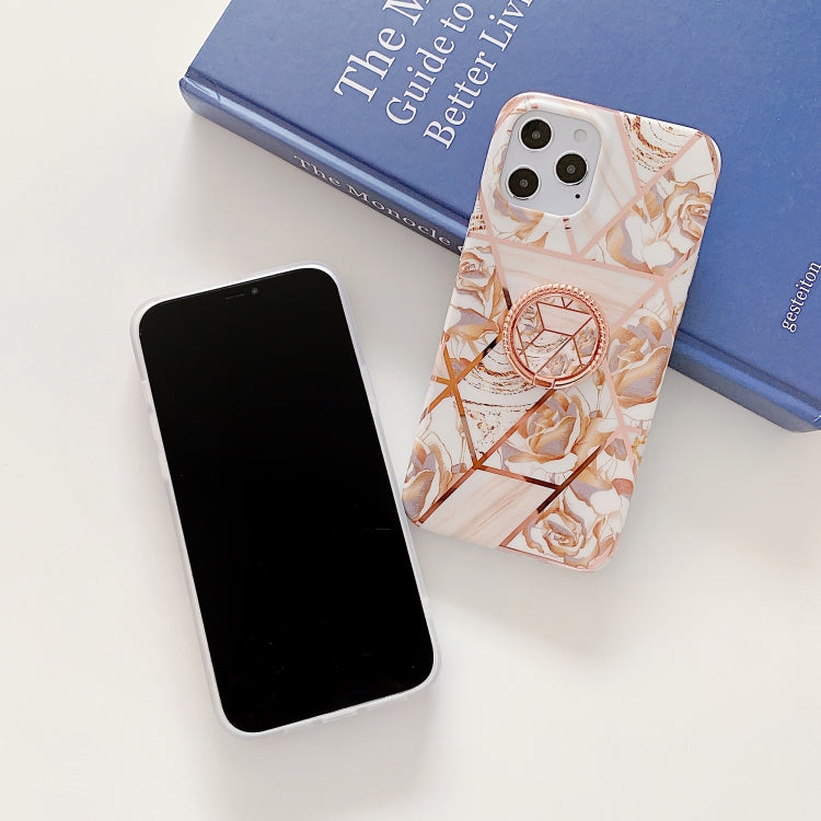 For iPhone 12 mini Electroplating Stitching Pattern Soft TPU Protective Case with Rose Gold Stand Ring Holder