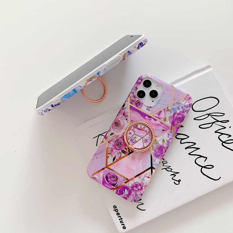 For iPhone 12 mini Electroplating Stitching Pattern Soft TPU Protective Case with Rose Gold Stand Ring Holder