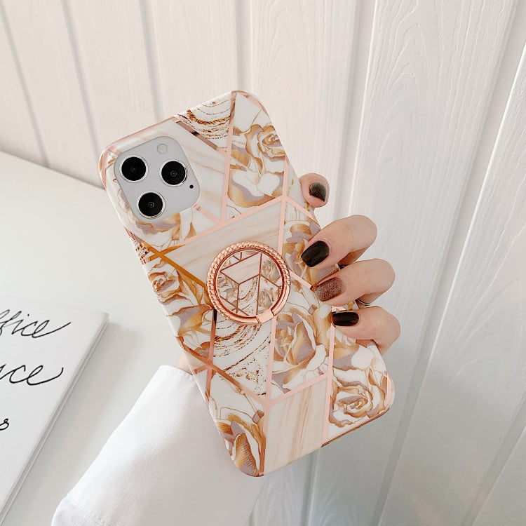 For iPhone 12 / 12 Pro Electroplating Stitching Pattern Soft TPU Protective Case with Rose Gold Stand Ring Holder