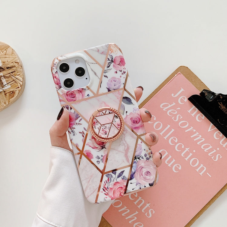 For iPhone 12 / 12 Pro Electroplating Stitching Pattern Soft TPU Protective Case with Rose Gold Stand Ring Holder
