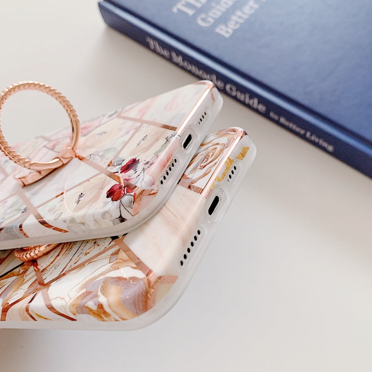 For iPhone 12 / 12 Pro Electroplating Stitching Pattern Soft TPU Protective Case with Rose Gold Stand Ring Holder