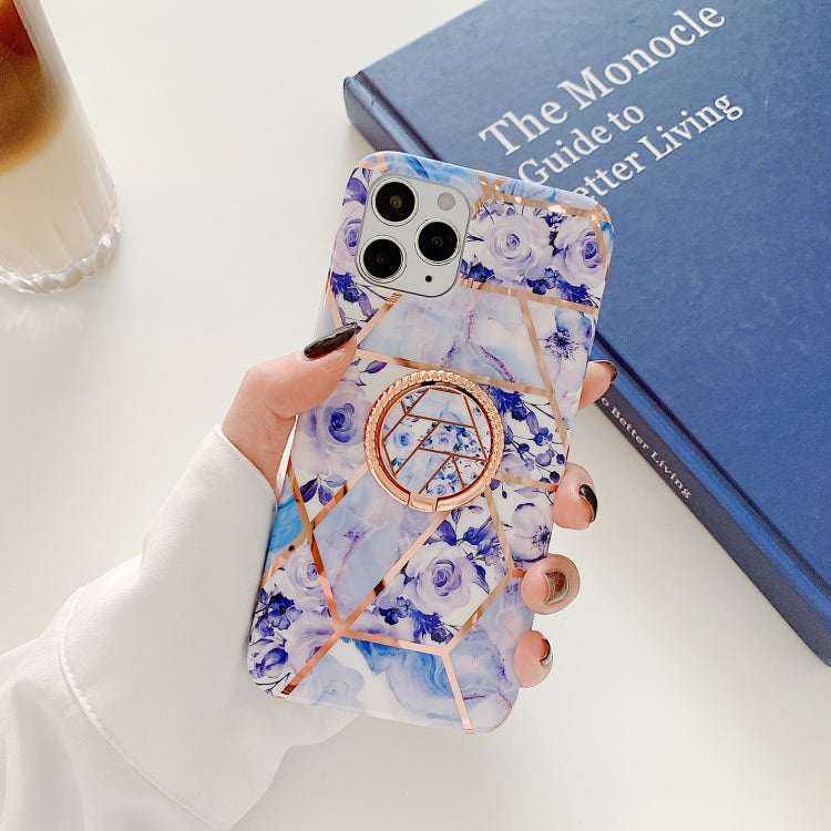 For iPhone 12 Pro Max Electroplating Stitching Pattern Soft TPU Protective Case with Rose Gold Stand Ring Holder