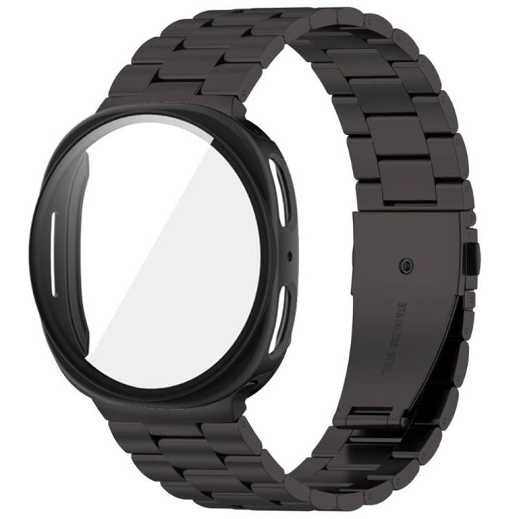 For Samsung Galaxy Watch8 44mm Three Beads Stainless Steel Watch Band with Film Integrated PC Case Set