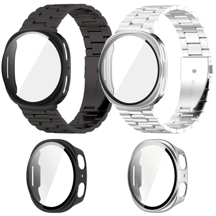 For Samsung Galaxy Watch8 44mm Three Beads Stainless Steel Watch Band with Film Integrated PC Case Set