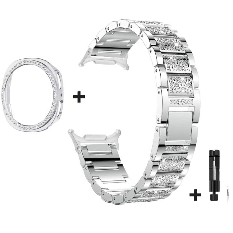 For Samsung Galaxy Watch8 44mm Three Beads Diamond Metal Watch Band with Hollow Diamond Case and Strap Link Remover Set