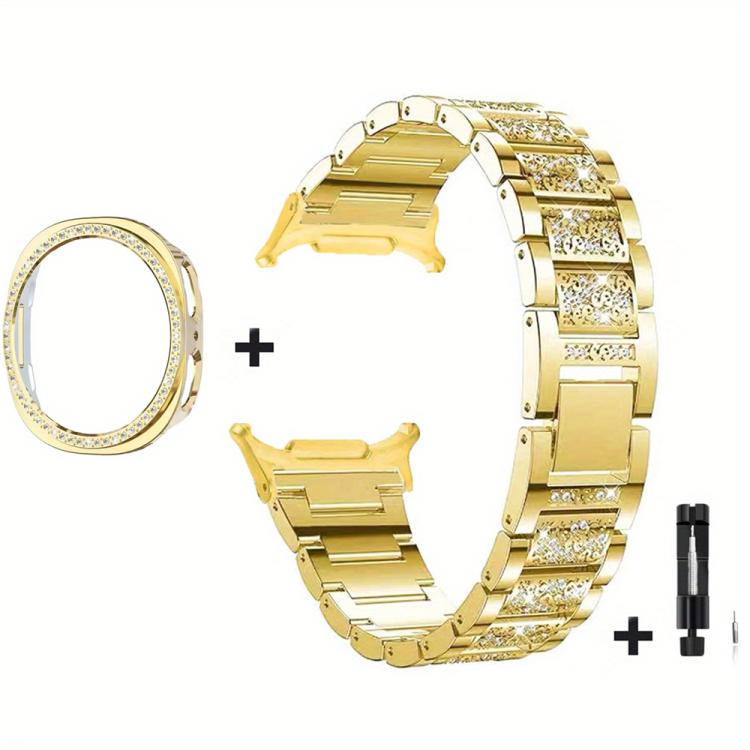 For Samsung Galaxy Watch8 44mm Three Beads Diamond Metal Watch Band with Hollow Diamond Case and Strap Link Remover Set