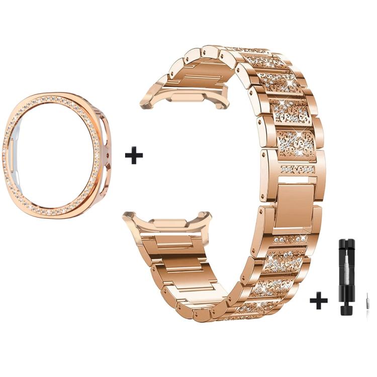 For Samsung Galaxy Watch8 44mm Three Beads Diamond Metal Watch Band with Hollow Diamond Case and Strap Link Remover Set