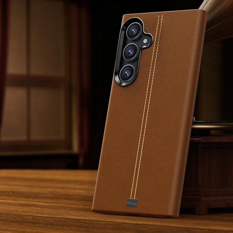 For Samsung Galaxy S26+ 5G Jazz Series Retro Vegan Leather Textured Metal Frame Magnetic Phone Case