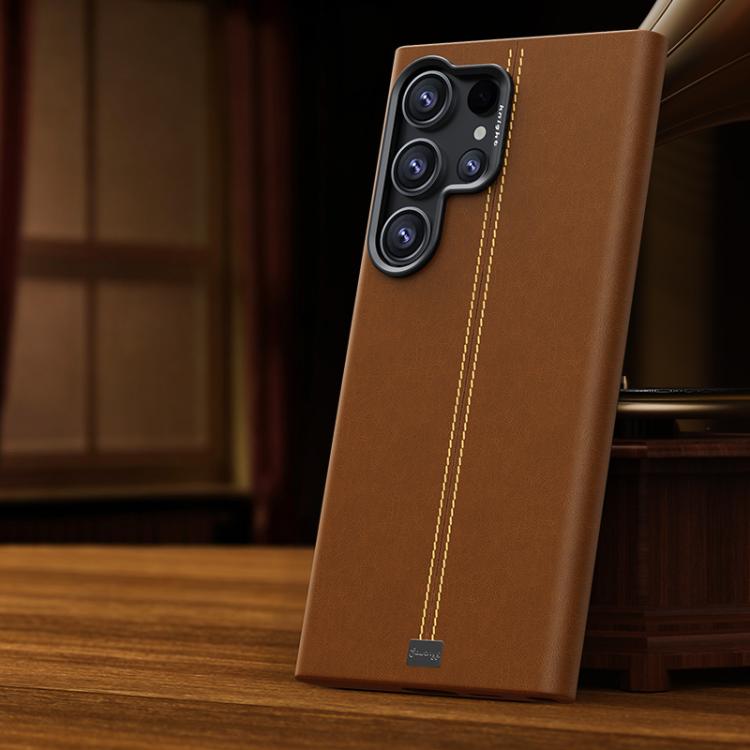 For Samsung Galaxy S25 Ultra 5G Jazz Series Retro Vegan Leather Textured Metal Frame Magnetic Phone Case