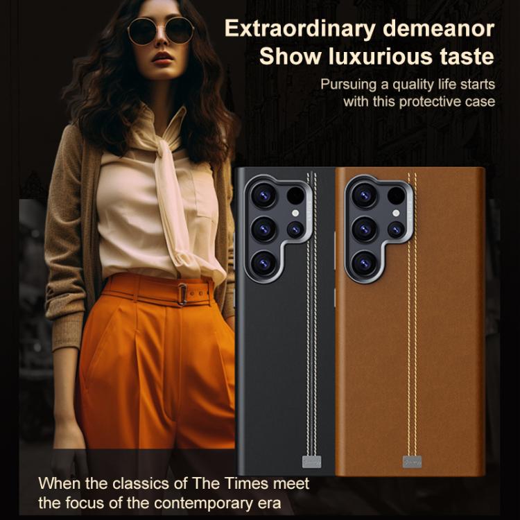For Samsung Galaxy S23 5G Jazz Series Retro Vegan Leather Textured Metal Frame Magnetic Phone Case