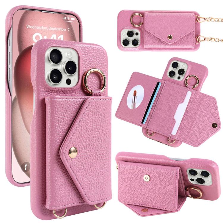 For iPhone 15 Pro Max Crossbody Mirror Wallet Litchi Vegan Leather Back Phone Case