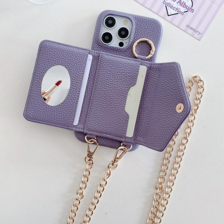 For iPhone 15 Plus Crossbody Mirror Wallet Litchi Vegan Leather Back Phone Case